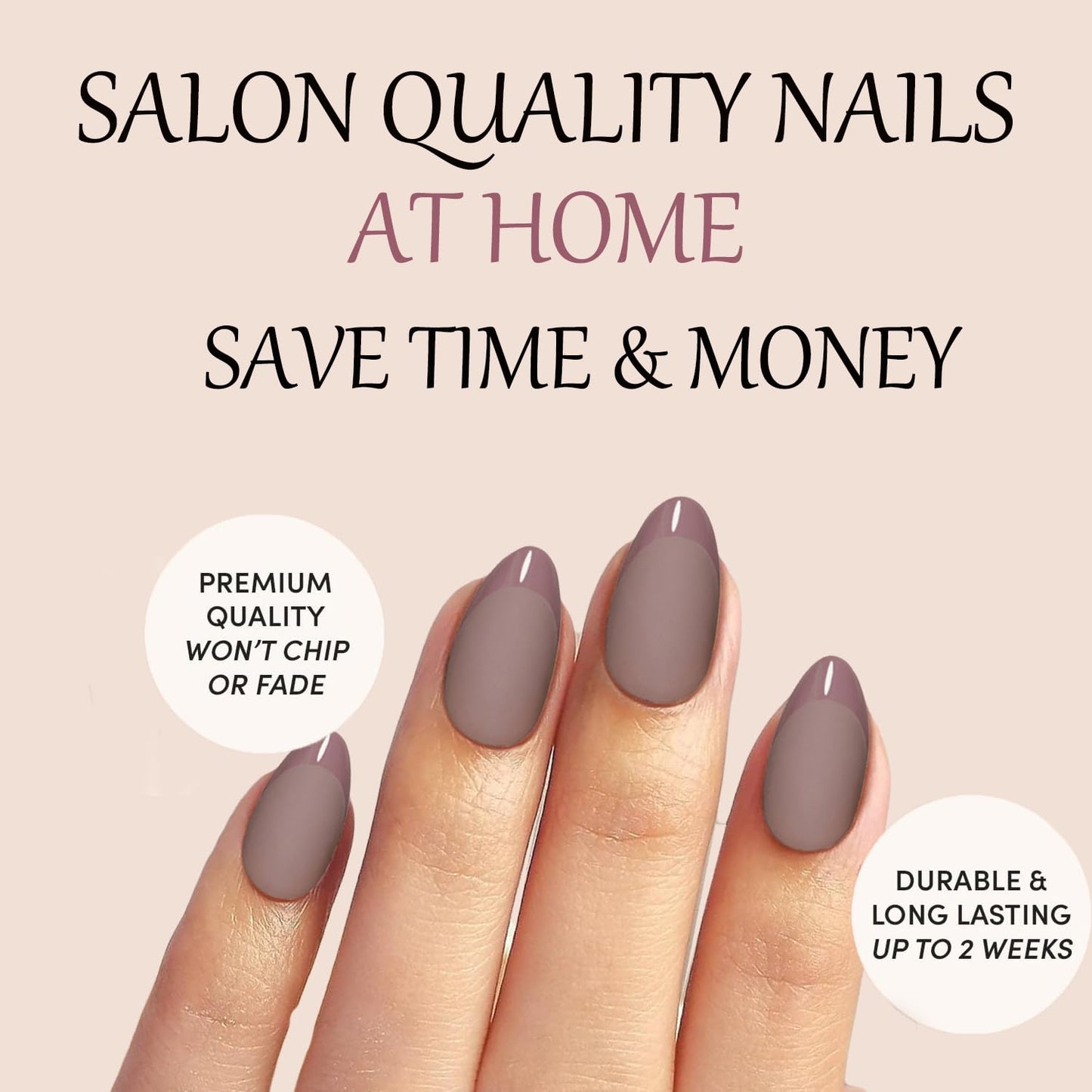 Press On Nails Short Almond Brown Nails with Glossy French Tips in a Matte Finish 16 Sizes - 32 Nail Kit with Glue