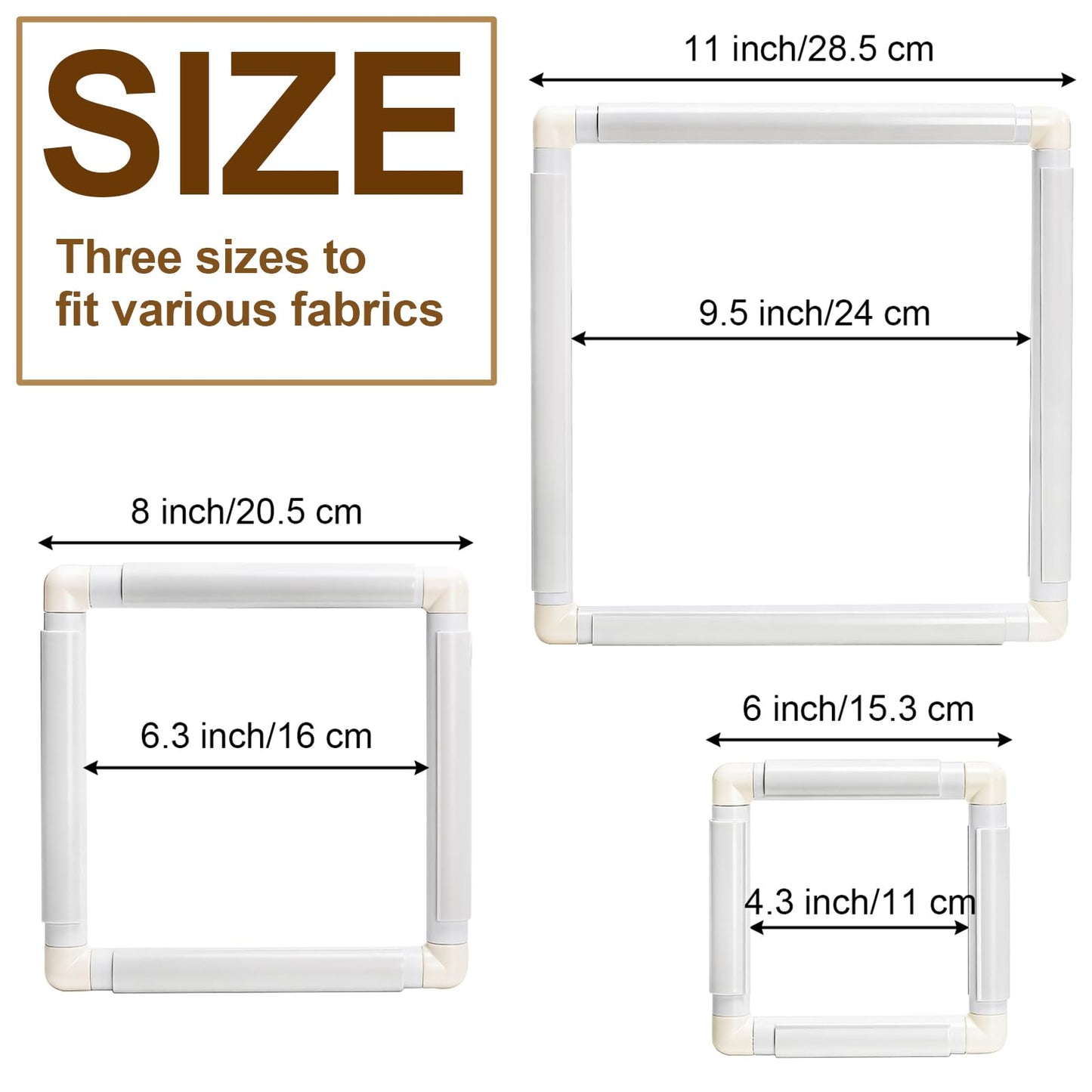 Tosnail 3 Pack Square Embroidery Hoop, 6", 8", 11" Cross Stitch Hoops and Frames, Plastic Quilting Snap Frame, Needlework Tools Accessories for Crafts, Hand Quilting, Painting Canvas