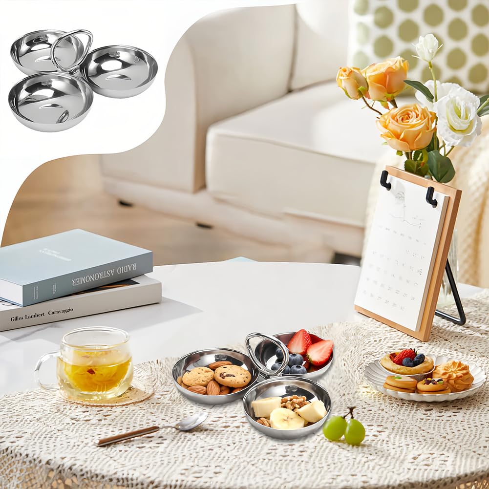 Leopacat Stainless Steel Snack Plate, Cluster Serving Bowls Connected 3 In 1 Fruit Bowl Plate Reusable Dessert Plates for Fridge Simple Tray Portable Home Kitchen Party Candy（ Ring style)