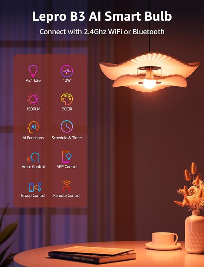 Lepro B3 AI Smart Light Bulbs - 1500LM 100W Equivalent A21 Bulb, WiFi & Bluetooth RGBWW Color Changing, Works with Alexa & Google Assistant, AI Voice Control by App, Music Sync, 2.4GHz Only (2 Pack)