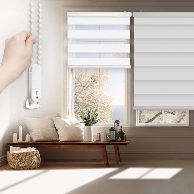 FOIRESOFT Standard Blackout Zebra Roller Blinds [Bonita, Pure White, W 37 x H 64inch] Dual Layer Privacy Shade, Room Darkening, Select 1x1 for Custom