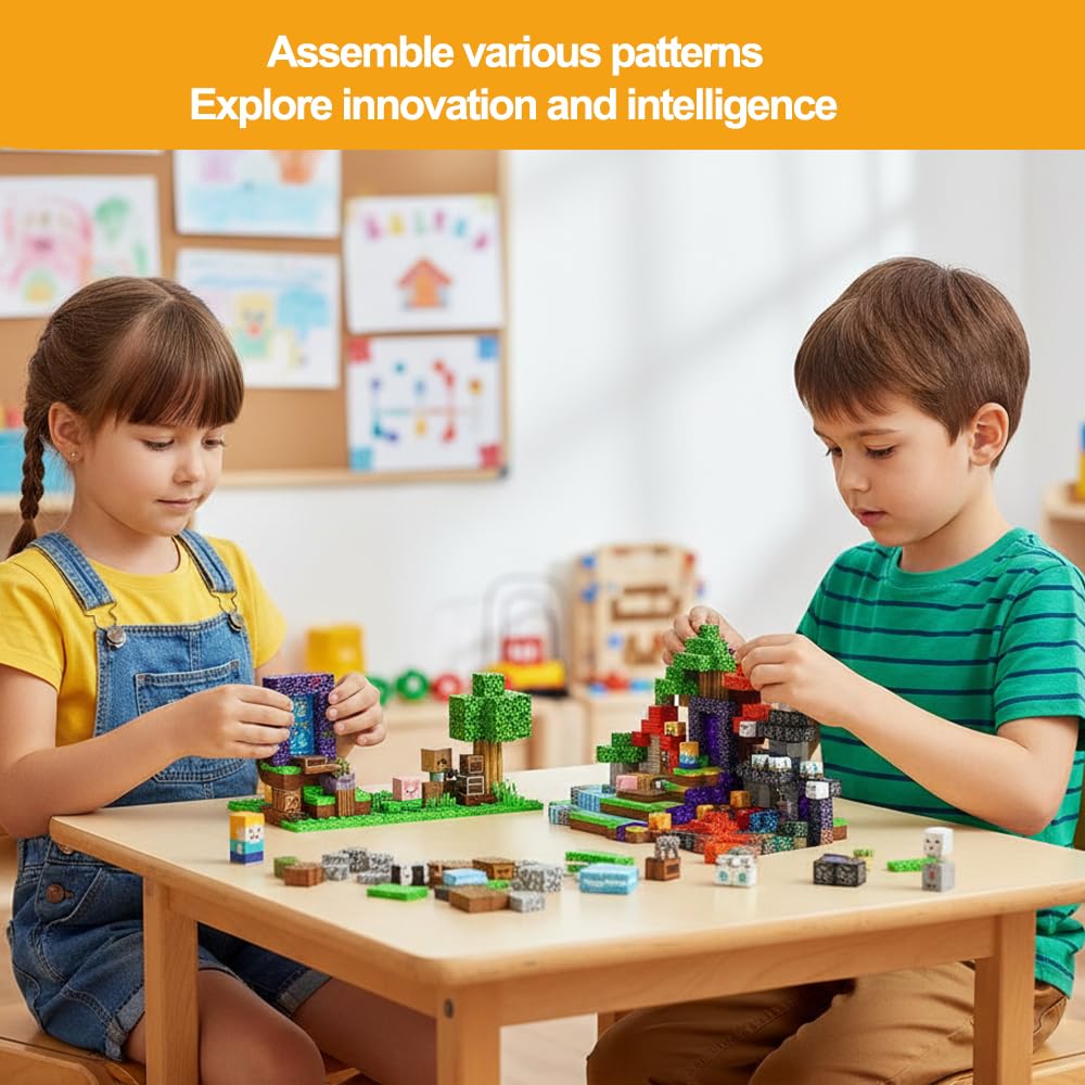 Wattlink Magnetic Building Blocks Set, 200 Pieces Pixel Style Construction Toys with Character Blocks, 0.8 Inch Cubes for Ages 3+, Non-Toxic Educational STEM Toys