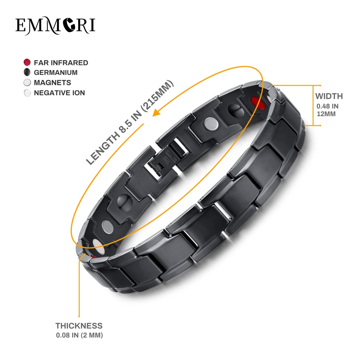 EMMORI Ultra Strength Magnetic Bracelet - 3,500 Gauss Per Magnet -Magnetic Bracelets for Men Woman - Adjustable Length -Pulseras Magneticas (Black)