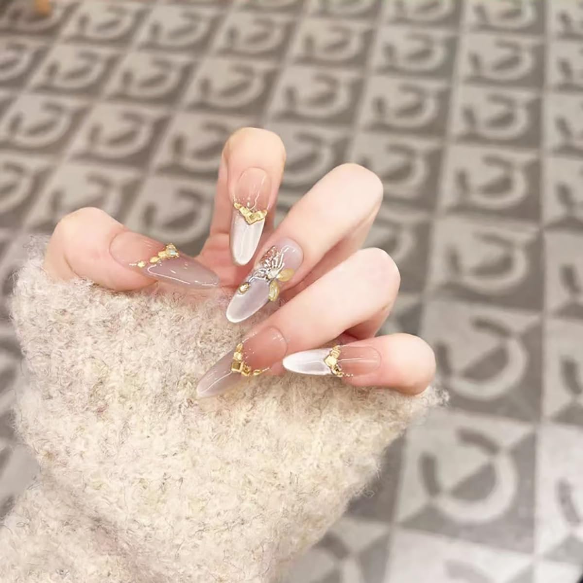 Silver French Tip Press on Nails Long Almond, Nude Fake Nails with Glue Gold Butterfly Diamond Rhinestones False Nails for Women DIY Manicure Decoration, 30PCS Reusable Artificial Nails