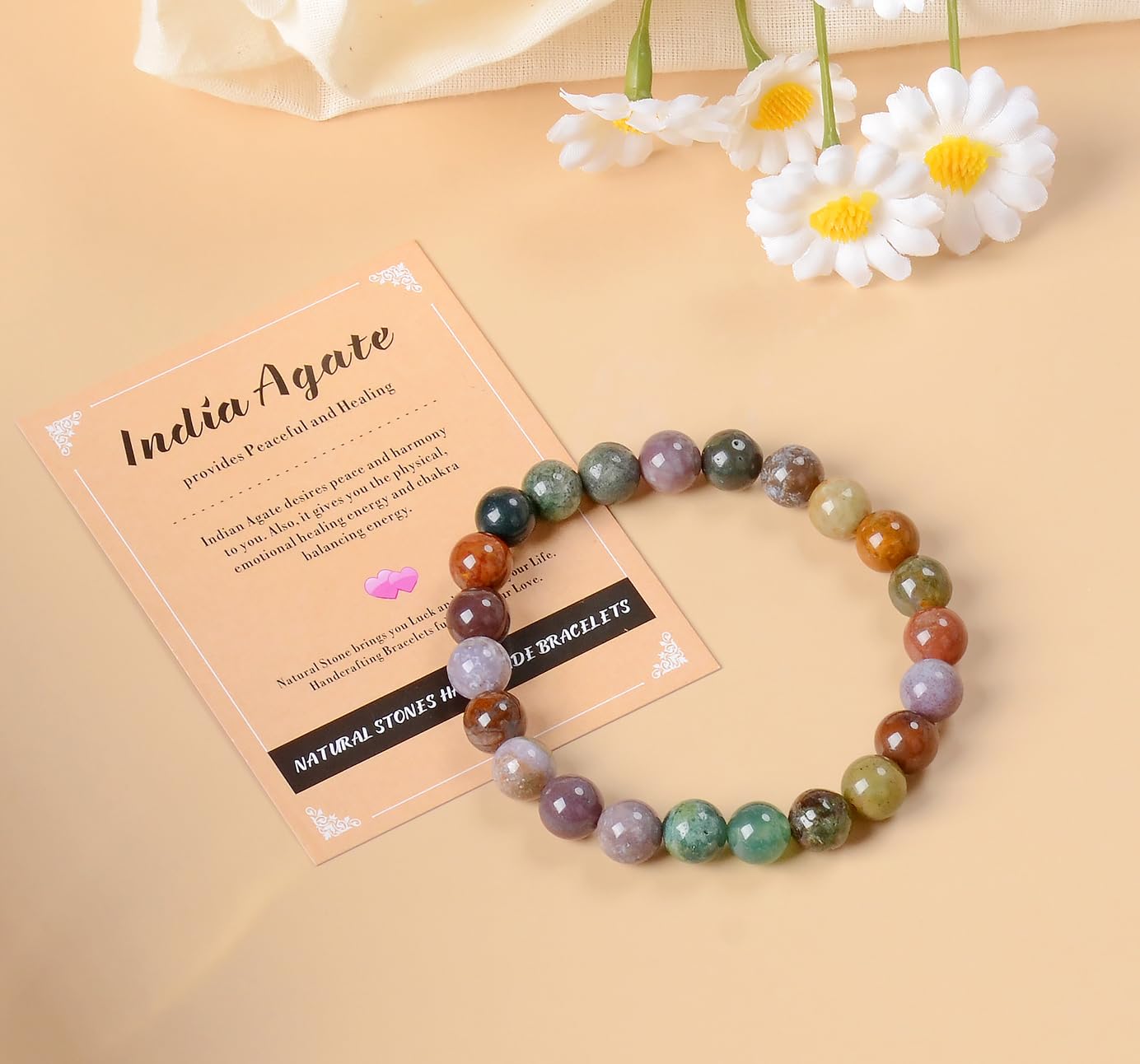 AD Beads Handmade Gemstone Stretch Elastic Bracelet Crystal Healing Reiki Nature's Beauty and Spiritual Essence Unisex (10mm, Indian Agate)