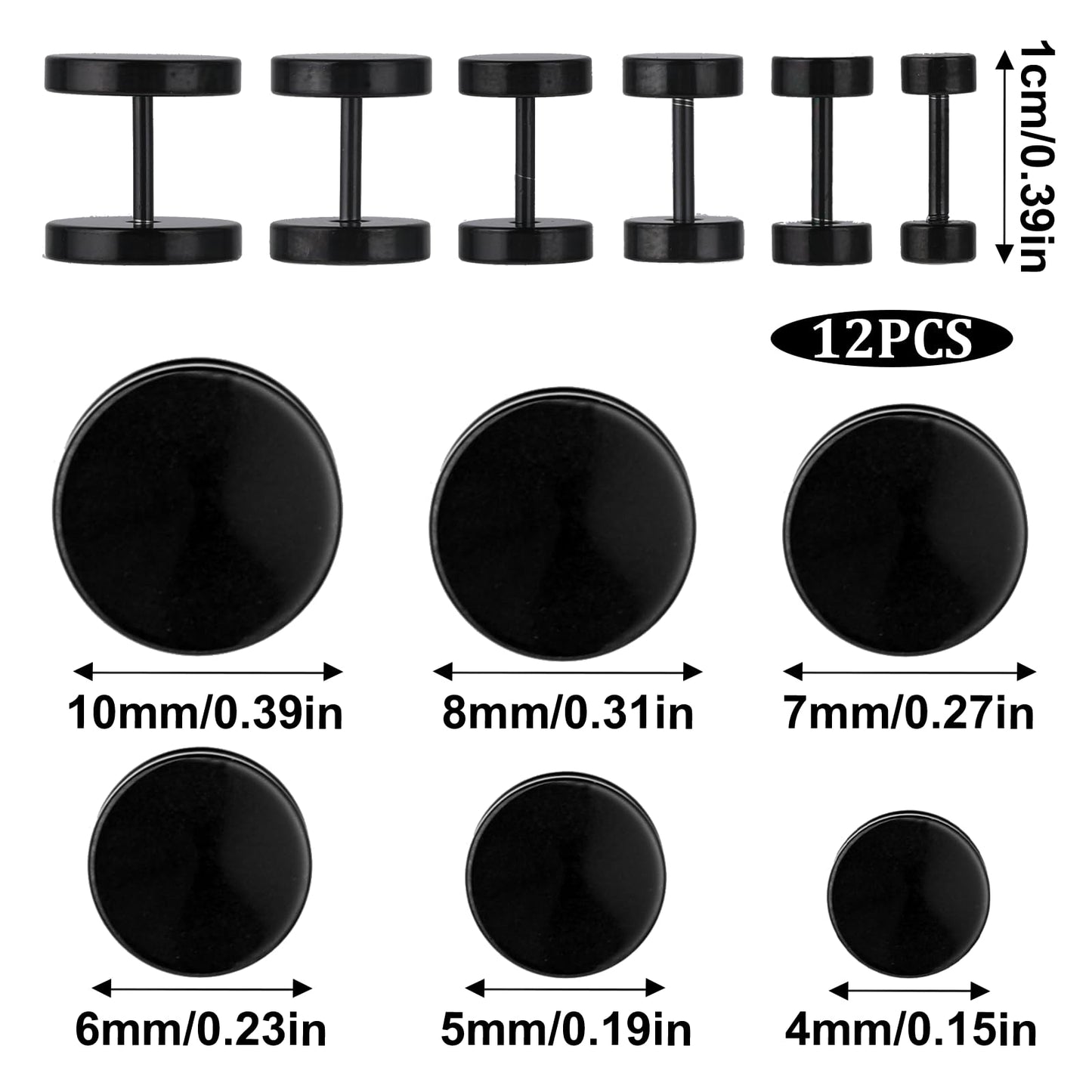 6 Pairs Black Stud for Men Women Fake Gauges Dot Earrings 4-10mm Round Ear Studs