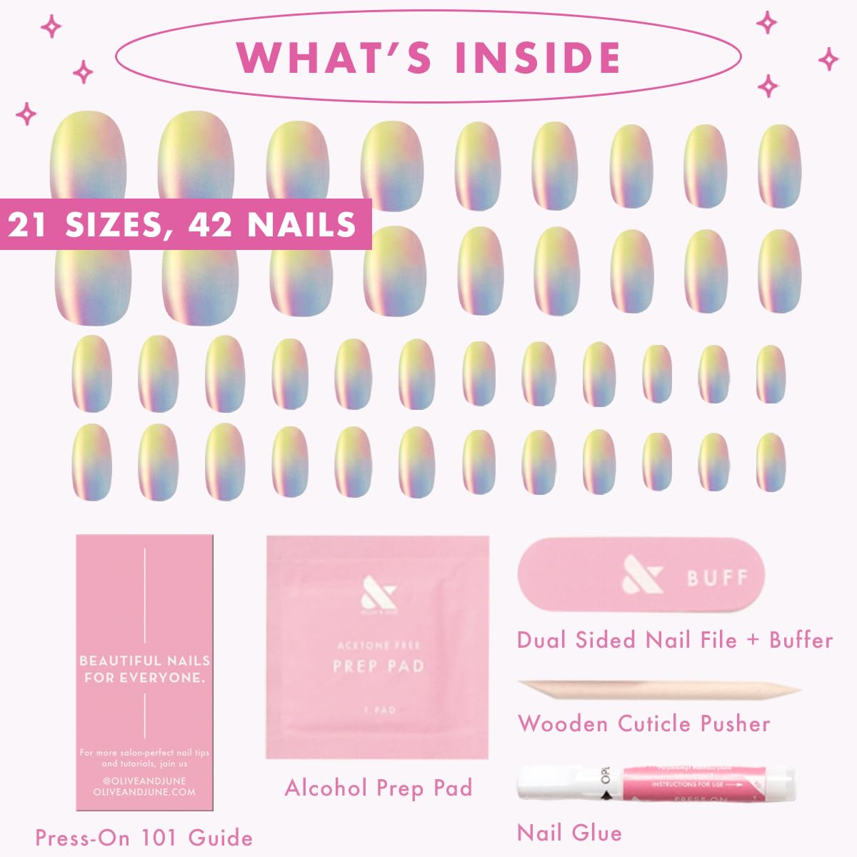 Olive & June Maximalist Instant Mani Press-On Nails (Glue) | 42 Fake Nails, 21 Sizes | Non-Toxic, Long-Lasting Big, Bold Gorgeous Realistic Look | Salon-Quality | Short, Round | Rainbow Aura Chrome