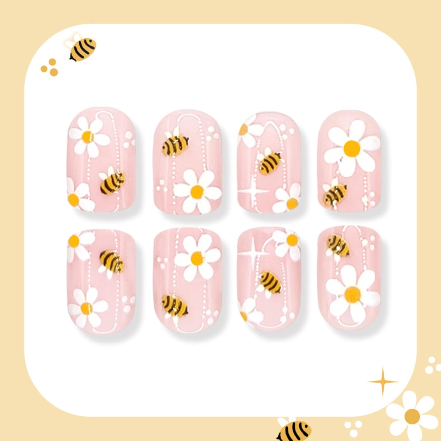 Bee Daisy Press on Nails Short Square Design Soft Nude Base with Cute Daisy Flower Patterns Glossy Finish Reusable Spring Summer Floral Stick on Nails Suitable for Casual Looks Artificial Nails 24 Pcs