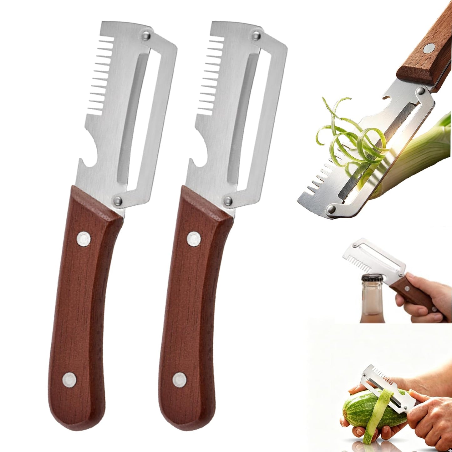 Multi-Functional Vegetable Peeler with Wooden Handle,3-in-1 Stainless Steel Stainless Steel Veggie Cutter with Bottle Opener,Kitchen Tool for Fruit Veggie Pumpkin That Need to Be Peeled(2PCS)