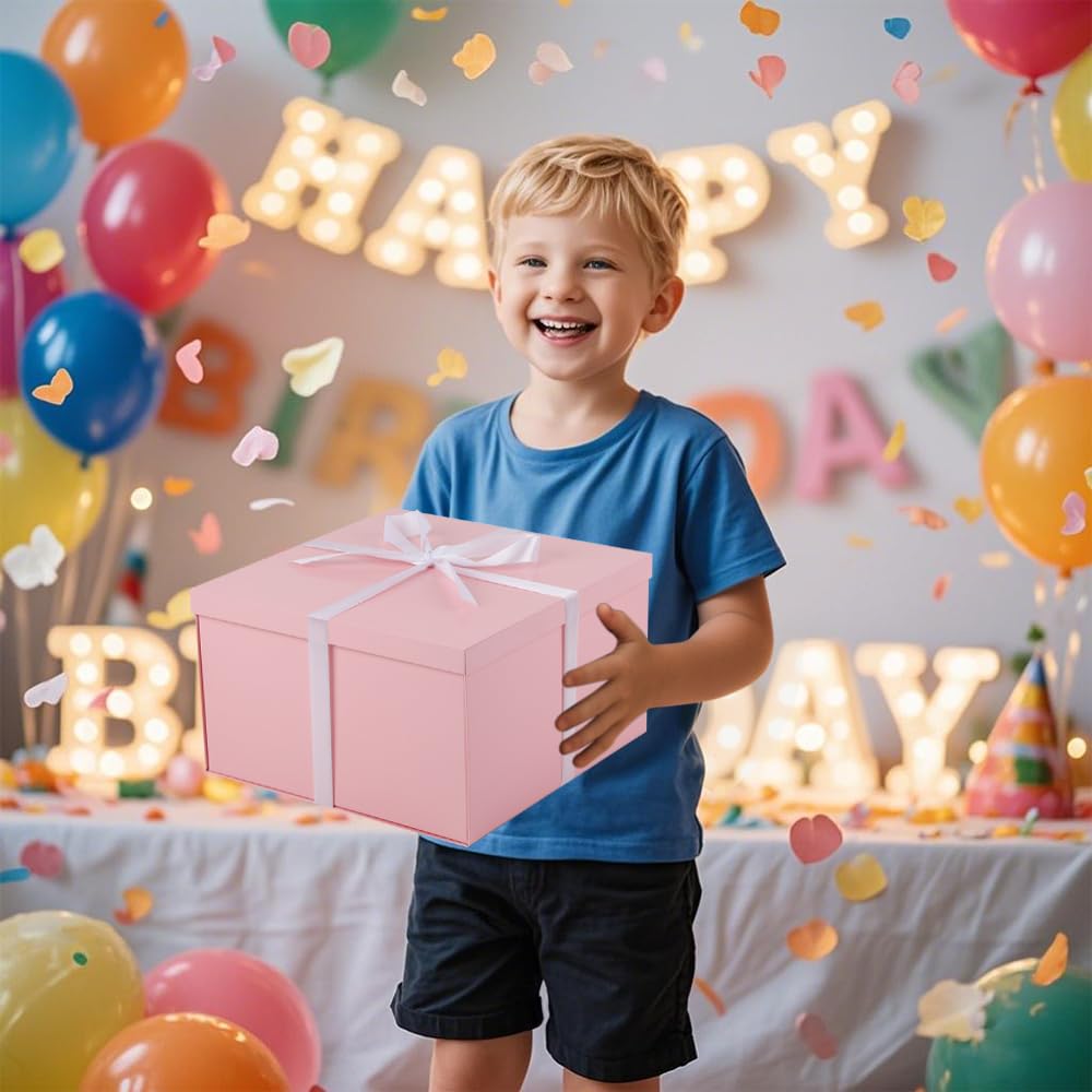 UoeRing 1Pcs Pink Extra Large gift box with lids 13×13×7 Inches gift boxes for presents,Birthday Box (include Ribbon, Paper Shred Filler Gift Card & Envelopes)
