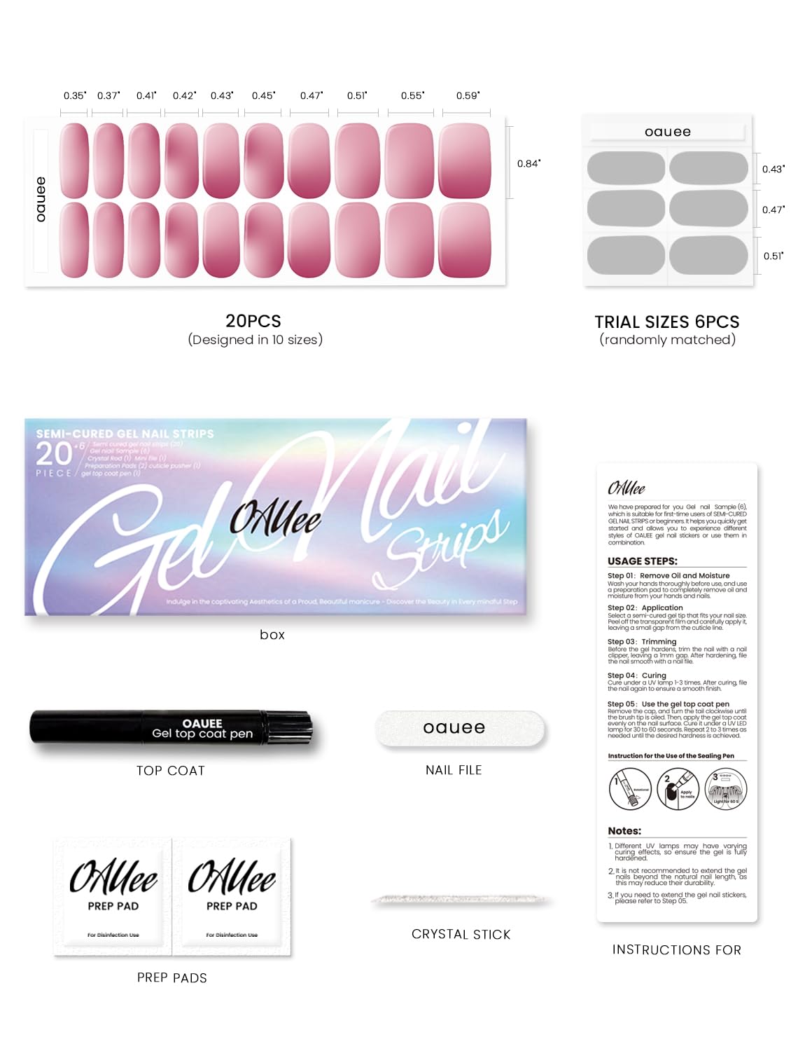 Oauee Semi Cured Gel Nail Strips | Built-In Gel Top Coat | UV Light Required | Salon Quality, Easy Application And Removal (Dry Rose Gradient Color)