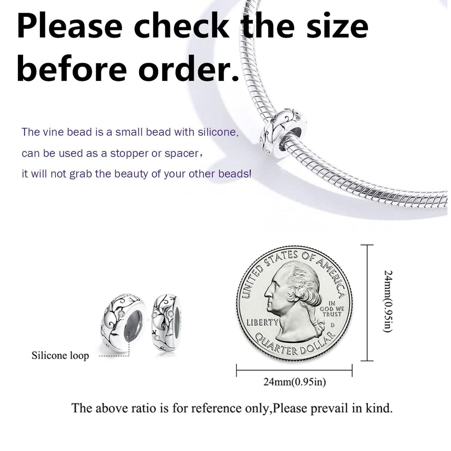 BISAER Stopper Beads Charm Spacers 925 Sterling Silver Vintage Spacer Bead Charms for Bracelets Stoppers
