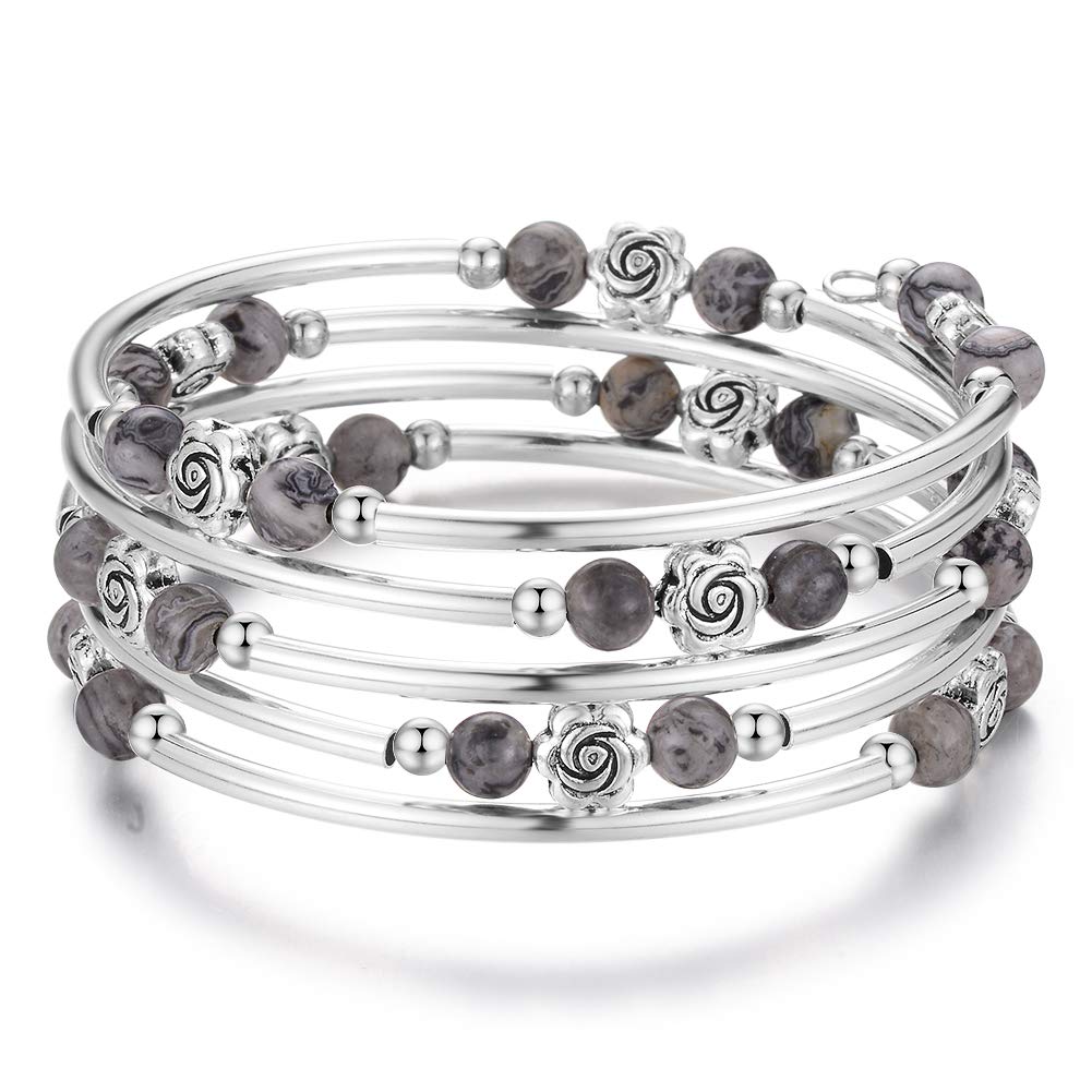 BULINLIN Wrap Bangle Rose Bead Bracelet - Beaded Bracelet with Natural Agate Stone Gifts For Women(01-Grey)