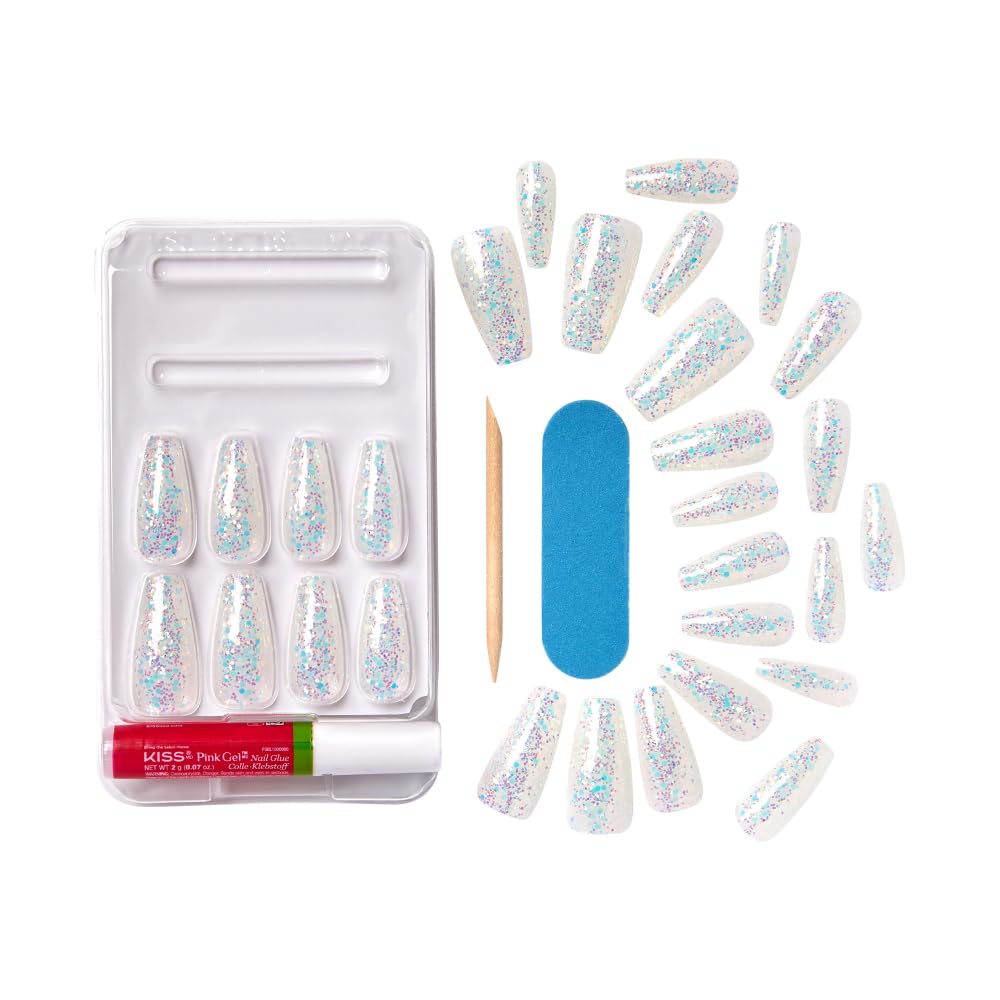 KISS False Nails Kit, Dreamdust Ready to Wear Gel Sculpted Nails, Stick and Glue Included, Long Length, Coffin Shape with White Glitter Effect, Long-Lasting Hottest Trend Glue on Nails