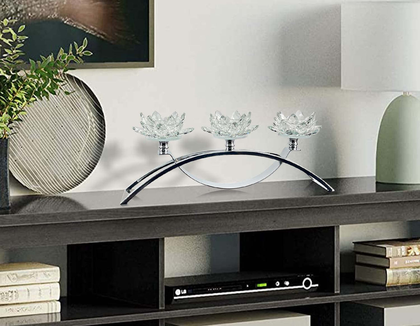 3 Arms Crystal Flower Candle Holder Bringing Tabletop tealight Holder for Party/Dining Room centerpieces (1, Silver)