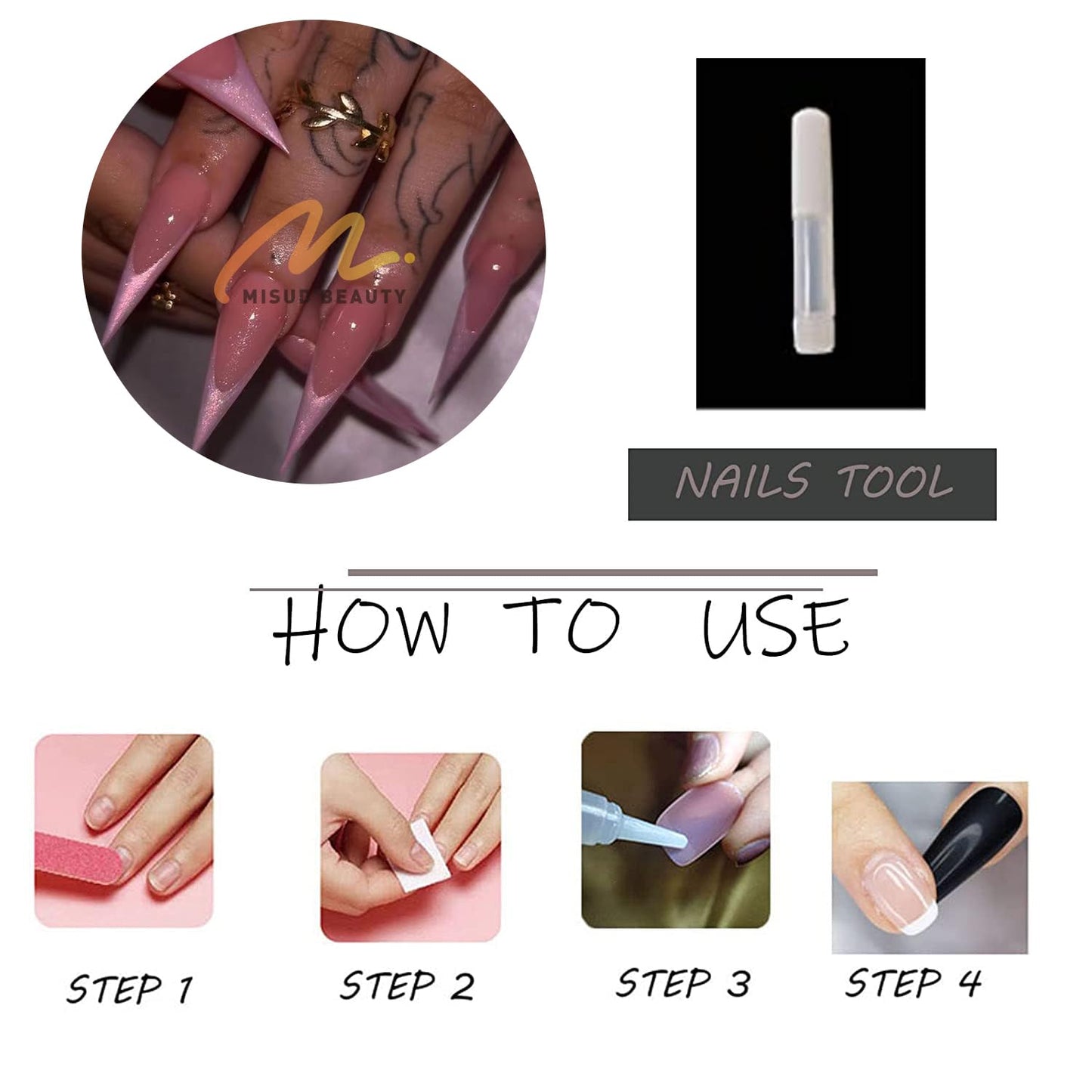 MISUD Press on Nails - Long Stiletto Glue on Nails with Pink French Tip, Acrylic Bling Glitter Design 24 pcs