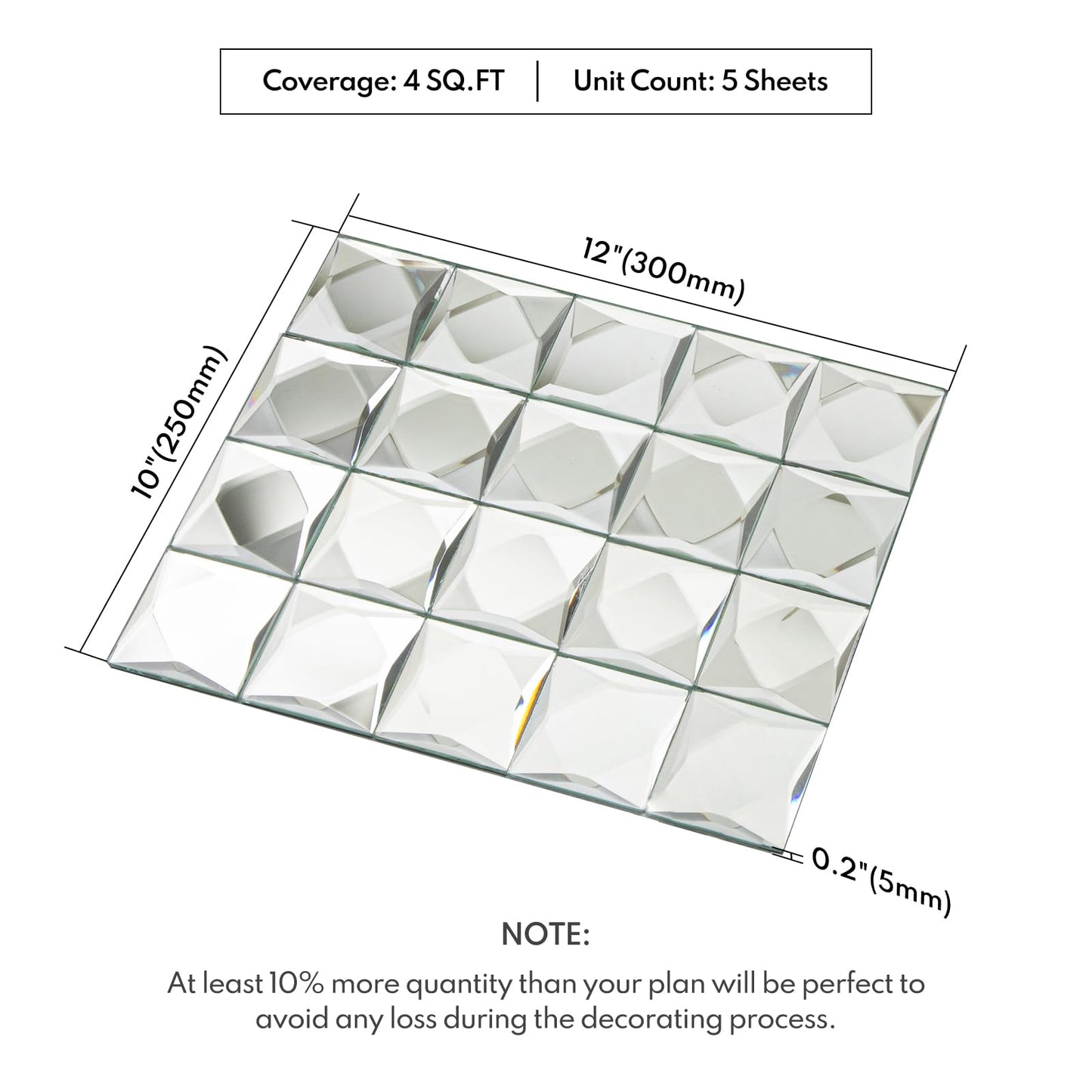 Lovdeco Peel and Stick 2" Mirror Glass Mosaic Tile 9 Faces Beveled Silver Crystal Mosaic Tile for Kitchen Backsplash, 12x10 Inch, 5 Sheets