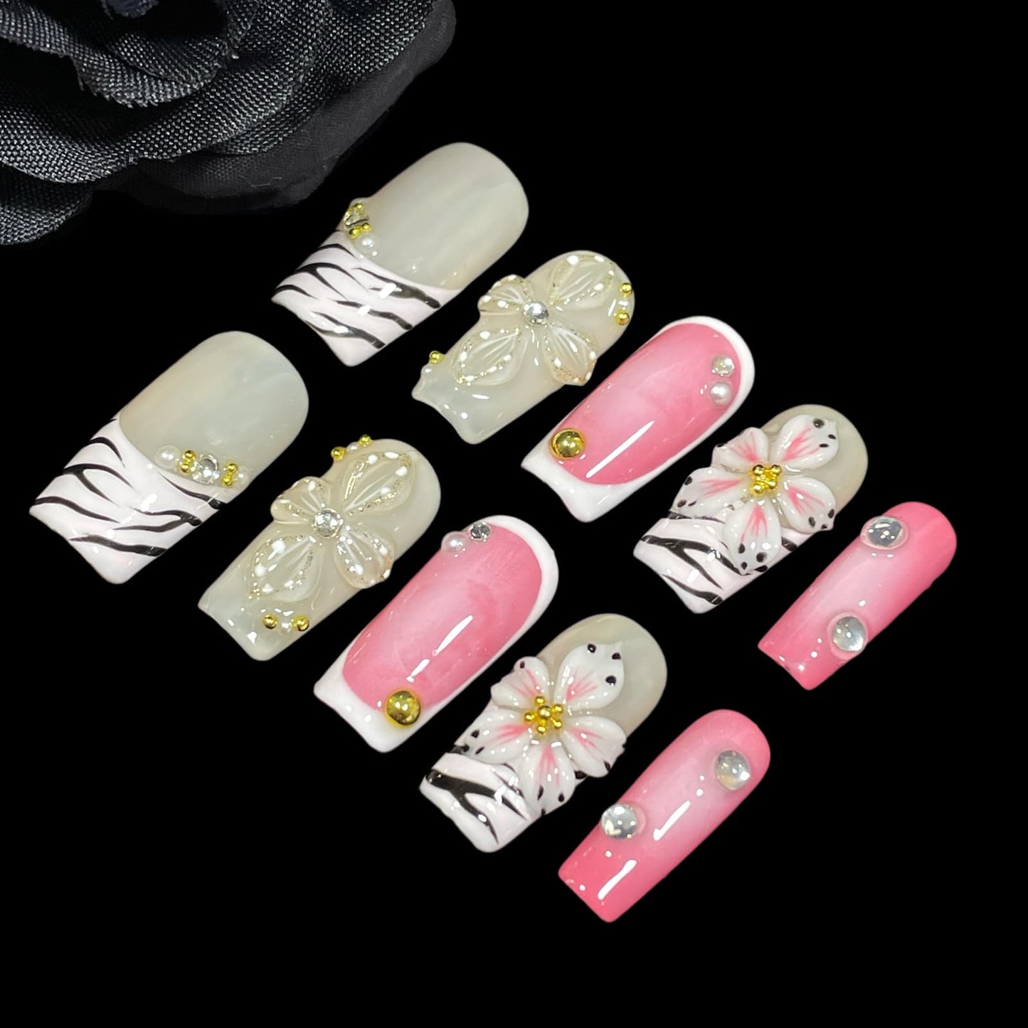 Handmade Press On Nails Short-Medium Square Bold Pink Zebra Stripes & 3D Floral | Glitter Flowers With Gold Accent | Reusable Acrylic Fake Nails for Parties & Daily (Pink Zebra, L)