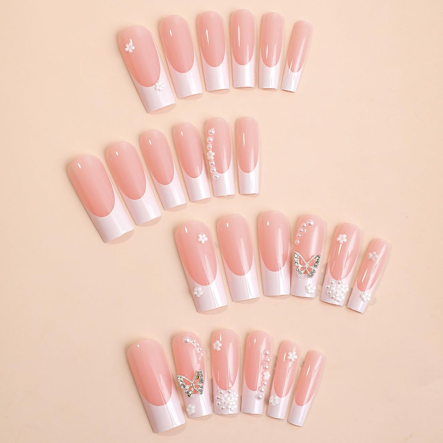 FIEONCIY Press on Nails Long Coffin Shaped Acrylic Glossy Full Cover Long Square French False Nails with Designs Artificial Extra Long Fake Nails with Charms Glue ons Fingernails for Women(DZ1618)