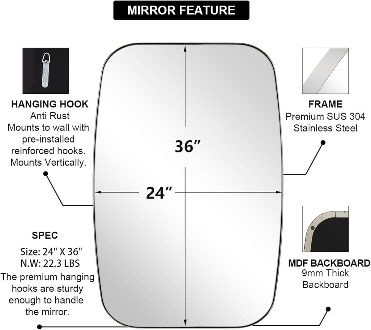 ANDY STAR Chrome Bathroom Mirror, 24x36 Inch Polished Chrome Oval Mirror for Bathroom with Stainless Steel Metal Frame, Oblong Mirror for Living Room, Entryway