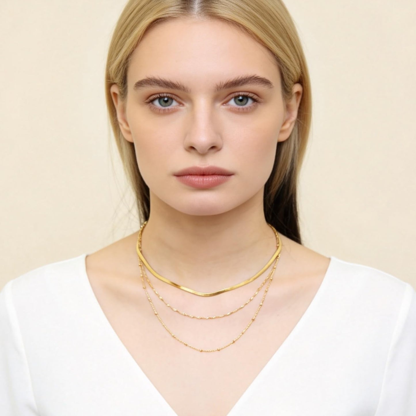 Layered Necklaces for Women, 18K Gold Plated Dainty Multi Layering Necklaces for Women Stackable Trendy Thin Satellite Chain Singapore Necklace Snake Chain Simple Herringbone Necklaces Non Tarnish