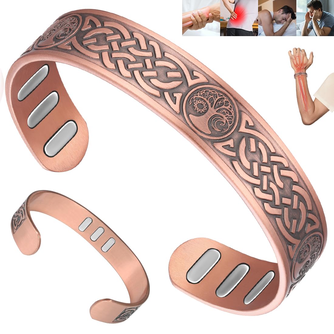 Vicmag Copper Bracelet for Men 9X Strength Magnetic 99% Pure Copper with 5000 Gauss Magnets, Tree of Life Present Box Adjustable(Axe & Sun Moon Tree)