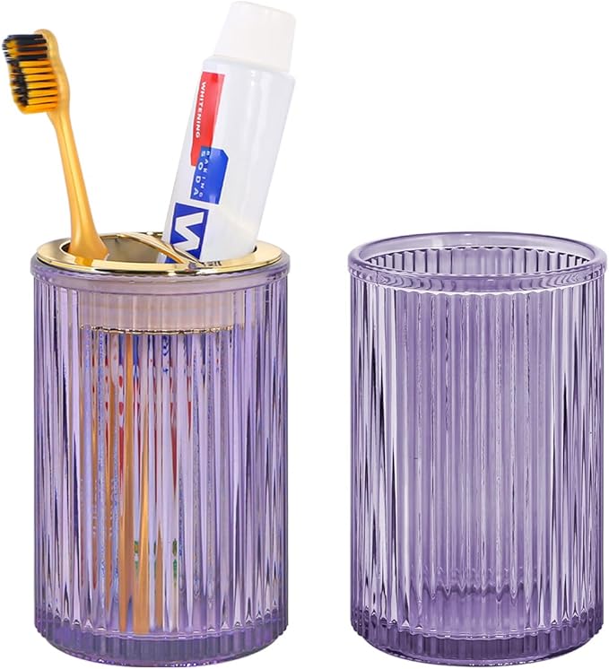 Toothbrush Holders for Bathrooms, Purple Glass Toothbrush Holder and Bathroom Tumbler Cup, 12oz Gold Bathroom Storage Cups, Tooth Brush Cup Holder Organizer for Toothpaste, Brushes, Razor