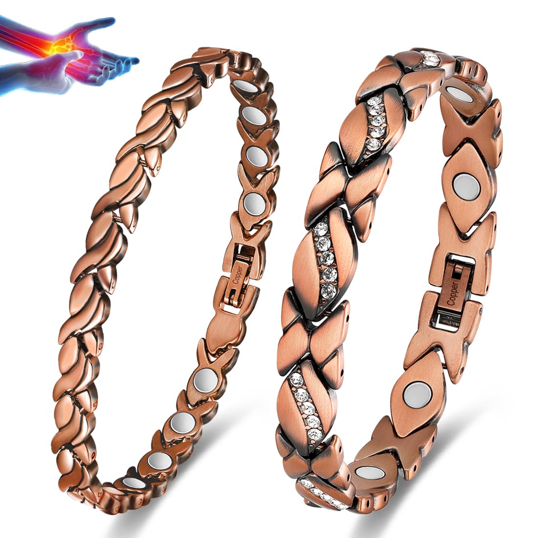 Vicmag 2PCS Copper Magnetic Bracelet for Women 99.9% Solid Pure Copper Strong Magnets Jewelry Gift Adjustable Length