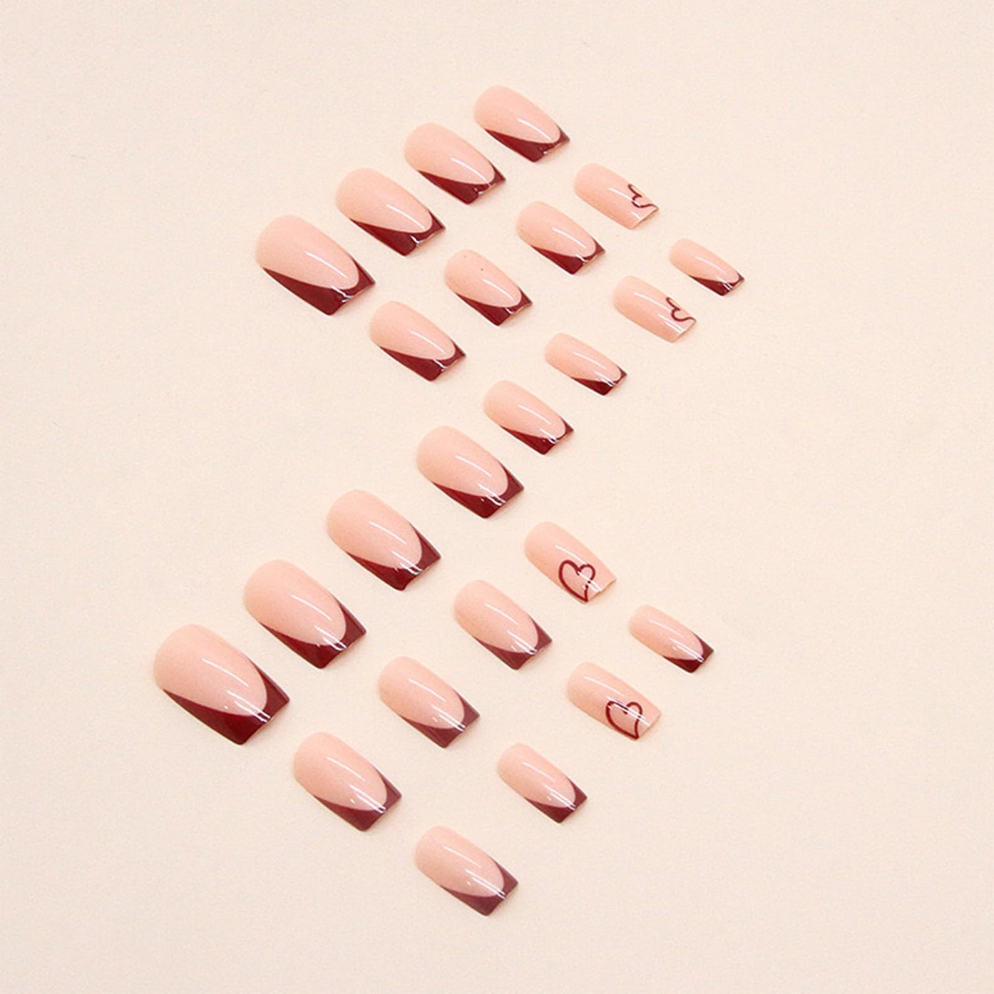 Red French Tip Press On Nails - Heart Shaped, Medium Square, Glossy False Nails - Nude Full Cover Acrylic - 24 Pcs