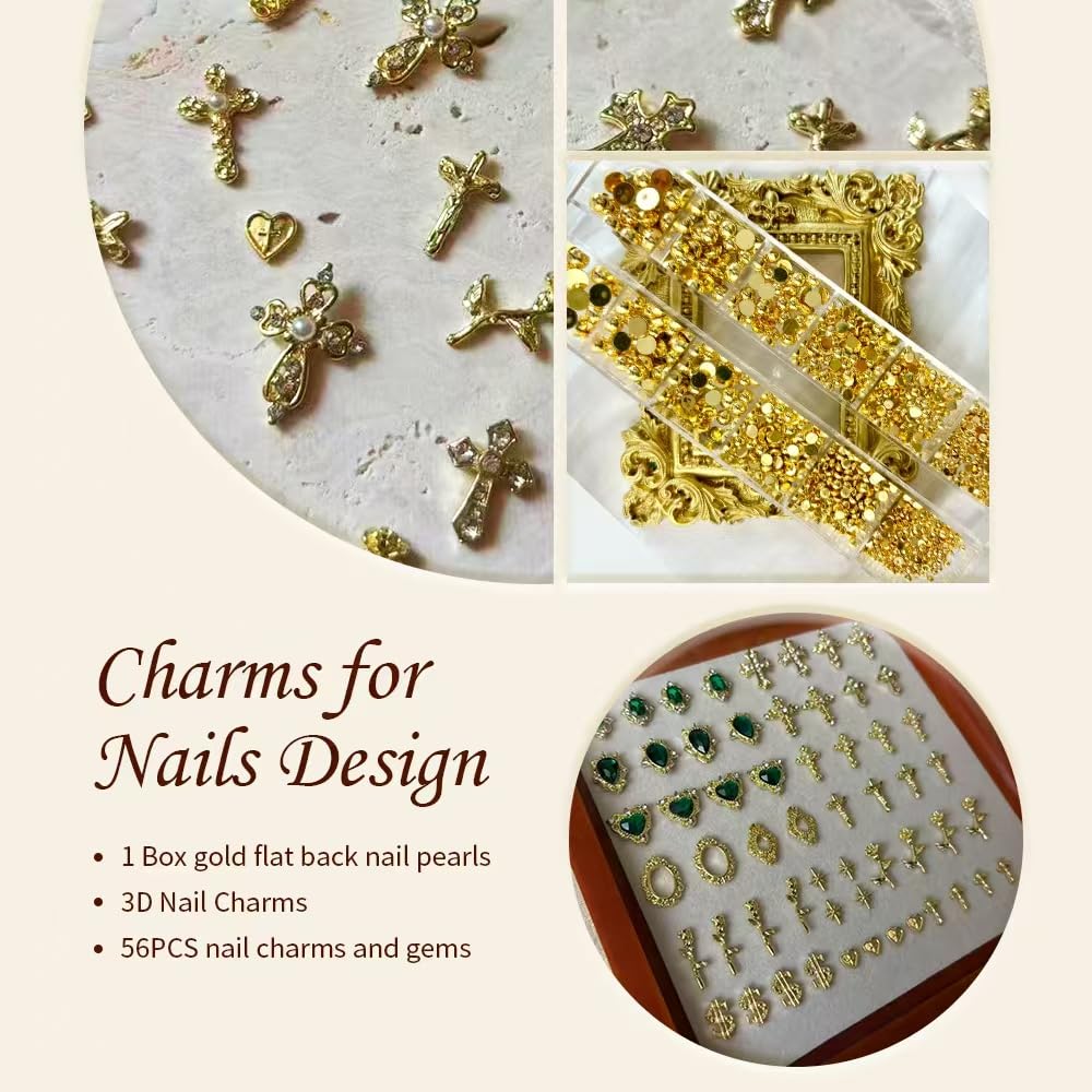 TmoGllp 56Pcs 3D Gold Cross Nail Charms Set, Emerald Green Rhinestones & Flat-Back Pearls for Y2K Nail Art Design