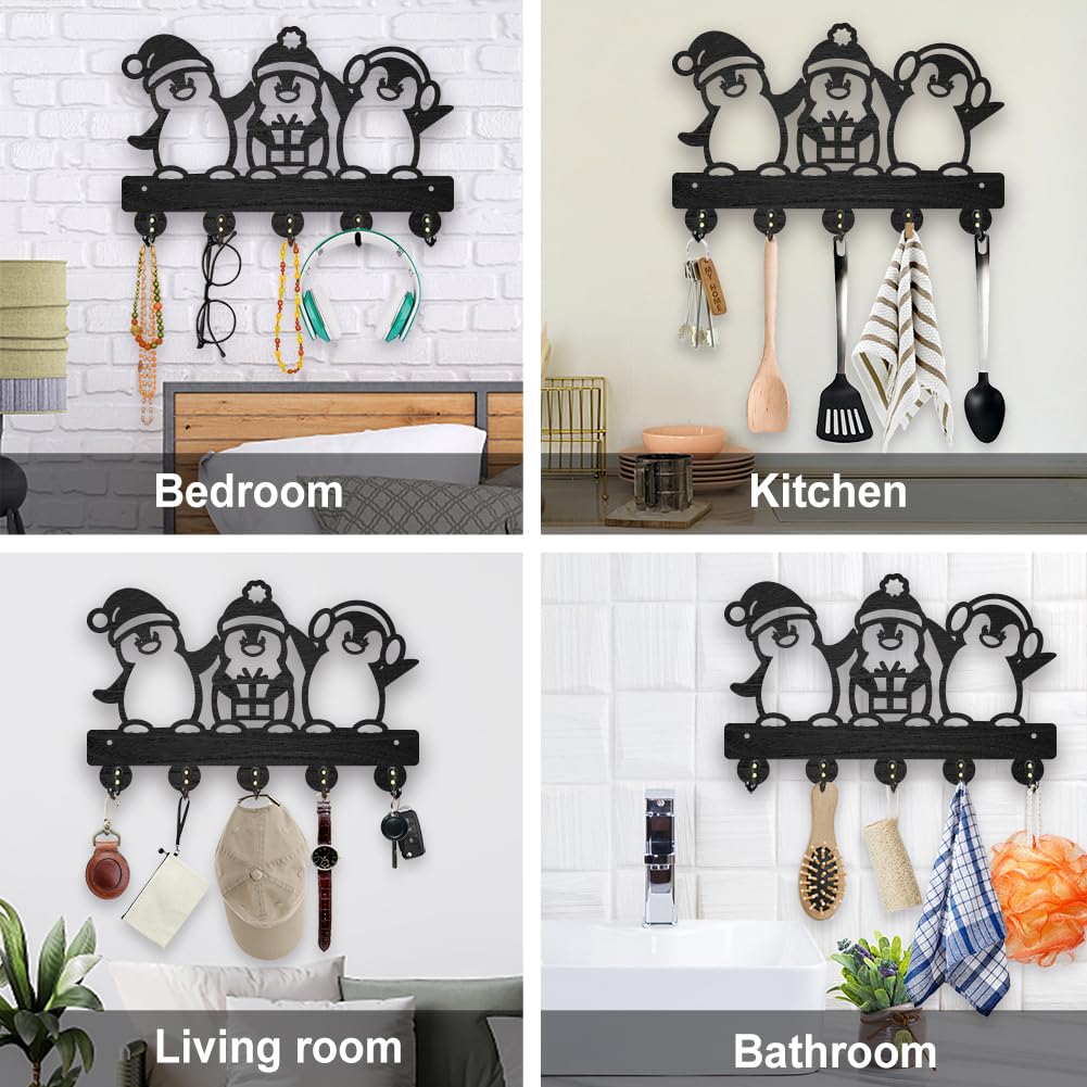 MAYJOYDIY Wood Penguin Key Hook Wall Mount 11.8 x 7.8 inches Christmas Hat Gift Box Key Rack Penguin Animal Themed Coat Hat Hook Wall Decor with 5 Alloy Hooks for Entryway Bedroom Living Room