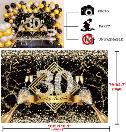 Sensfun Black Gold 30th Birthday Backdrop 30 Years Old Happy Birthday Decorations Banner for Women Diamond Thirty Birthday Party Suppiles Marble Champagne Photography Background Photoshoot Prop 10x7ft - size: 10x7ft