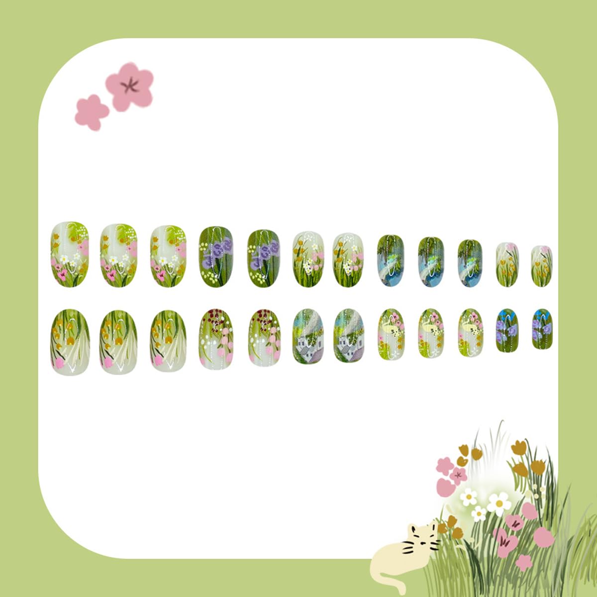 Short Press on Nails Oval - Green with Flower Design, Oil Painting Style Full Cover Glossy Fake Nails 24PCS for Women Manicure