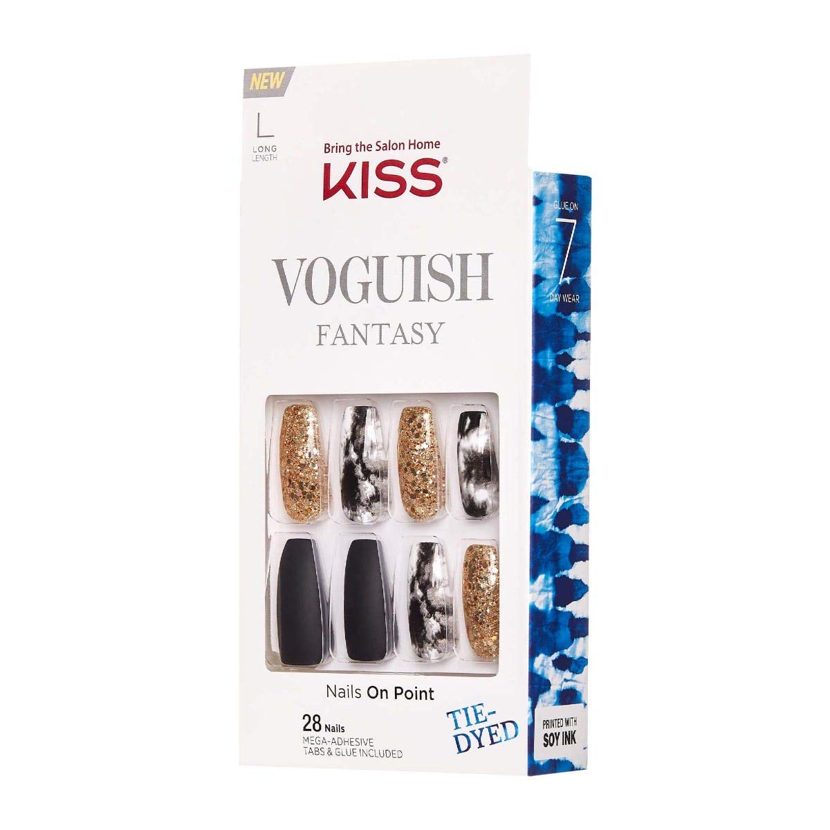 KISS Voguish Fantasy Press-On or Glue-On Gel Nails, “New York” Long Length Nail Kit with 28 Nails, Adhesive Tabs, Glue, Manicure Stick & Mini File