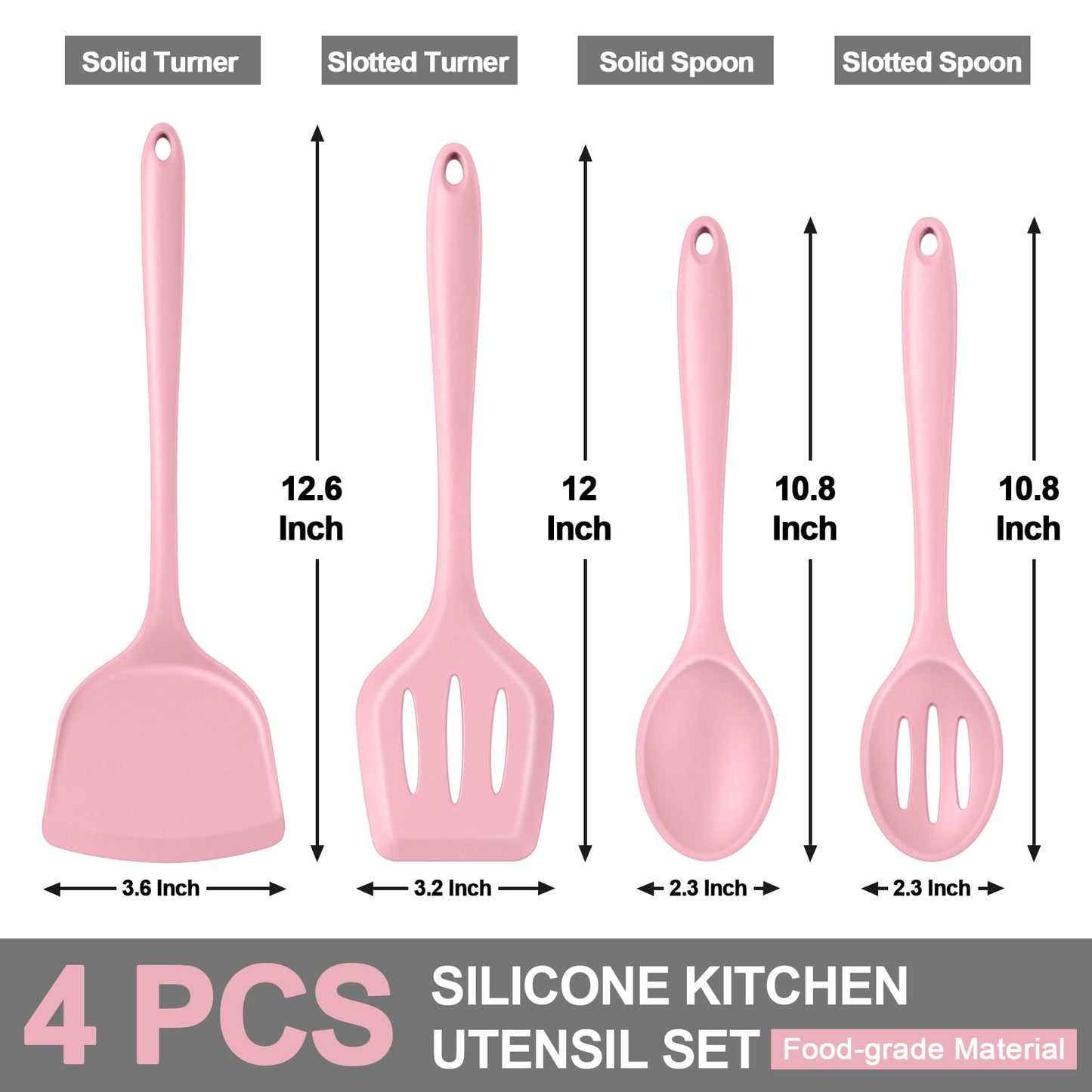 P&P CHEF Kitchen Utensil Set, 4 Pieces Non-stick Silicone Cooking Utensils, Heat-resistant Slotted Solid Spoon Turner for Frying, Mixing, Serving, Non-toxic & Easy to Clean, Pink