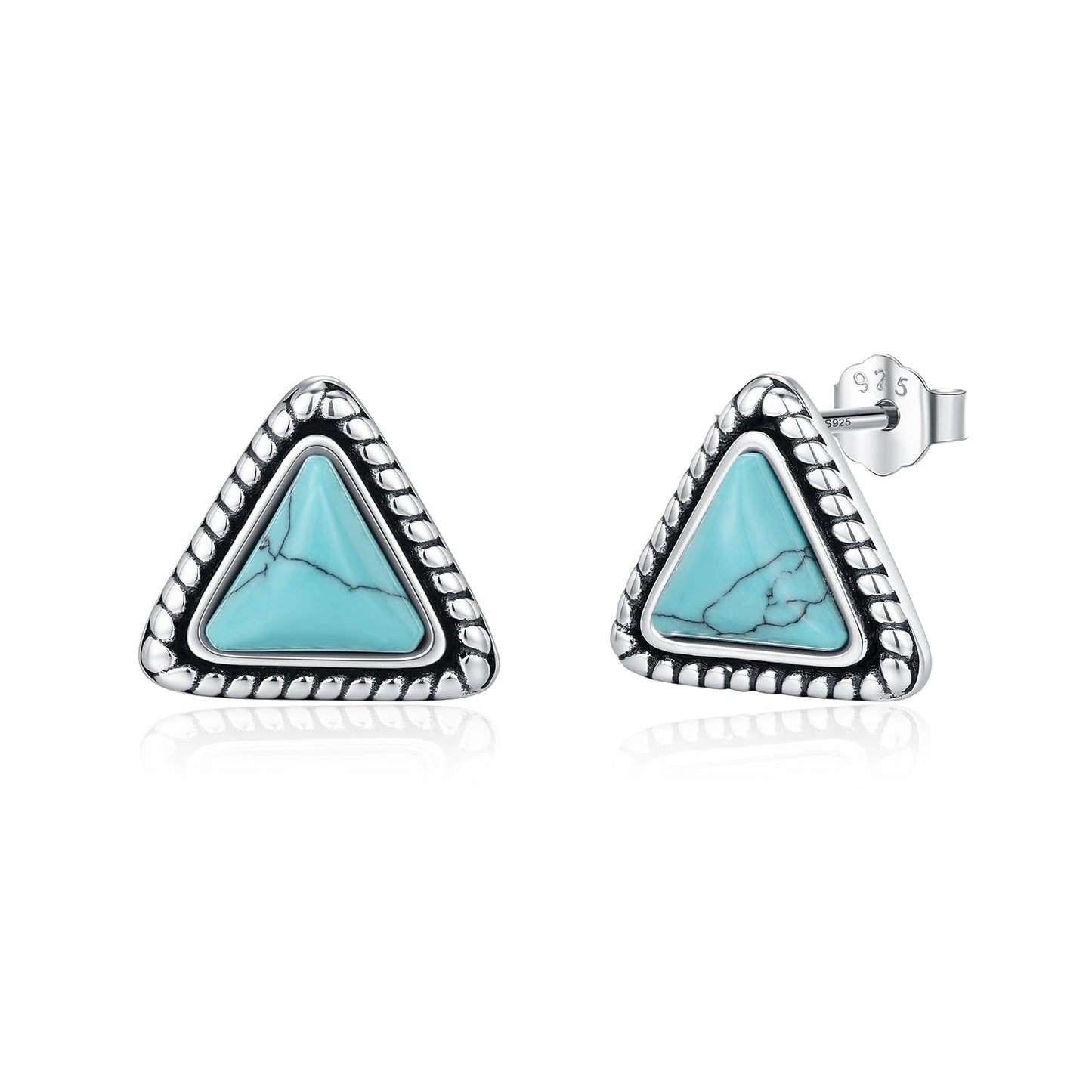 AOVEAO Triangular Turquoise Stud Earrings S925 Sterling Silver Vintage Braids Blue Gemstone Bohemian Ethnic Tribal Jewelry for Women Graduation