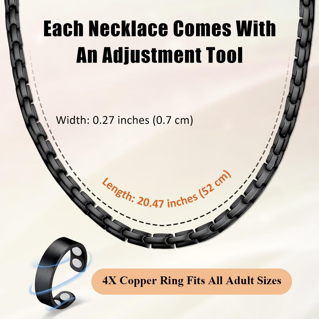 Vicmag Magnetic Titanium Necklace for Men & Women, Titanium Necklace Set with 4X Ultra Strength Magnets Ring, Adjustable Chain & Sizing Tool(Black)