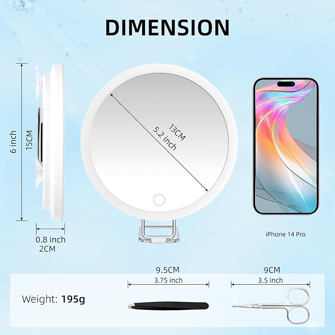 Rechargeable 30X LED Magnifying Mirror with 3 Colors Modes Dimming Light, 6" Makeup Mirror with 3 Suction Cups and 360 Table Stand