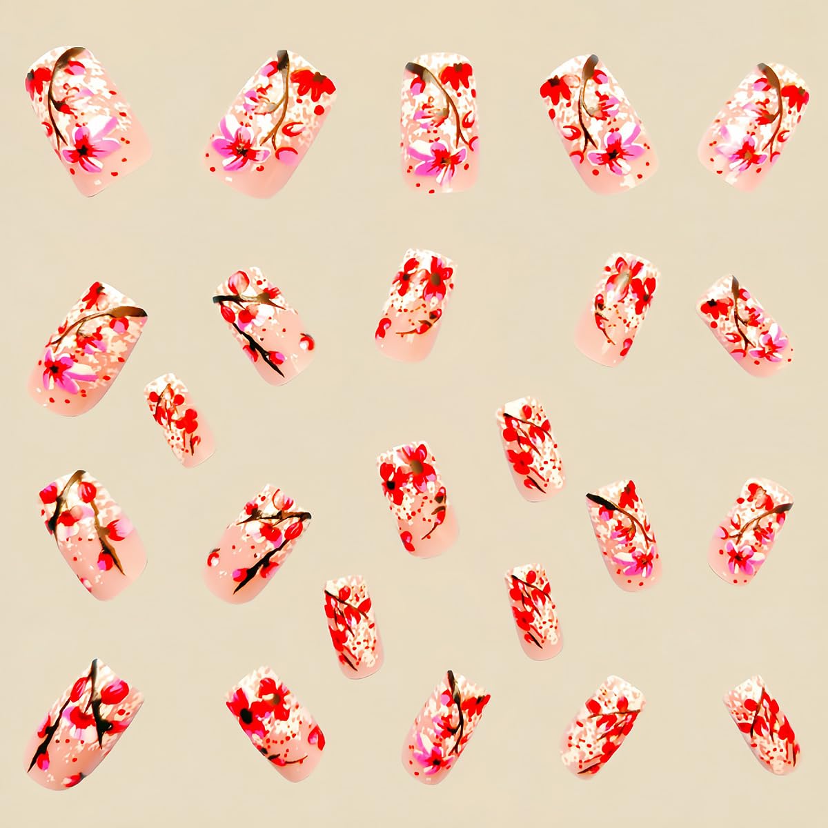 24Pcs Flower Press on Nails Medium Square Fake Nails Pink Full Cover Artificial Glue on Nails Spring Summer False Nails Reusable Nail Supplies Silver Glitter Stick on Nails for Women Girls Nails Kit