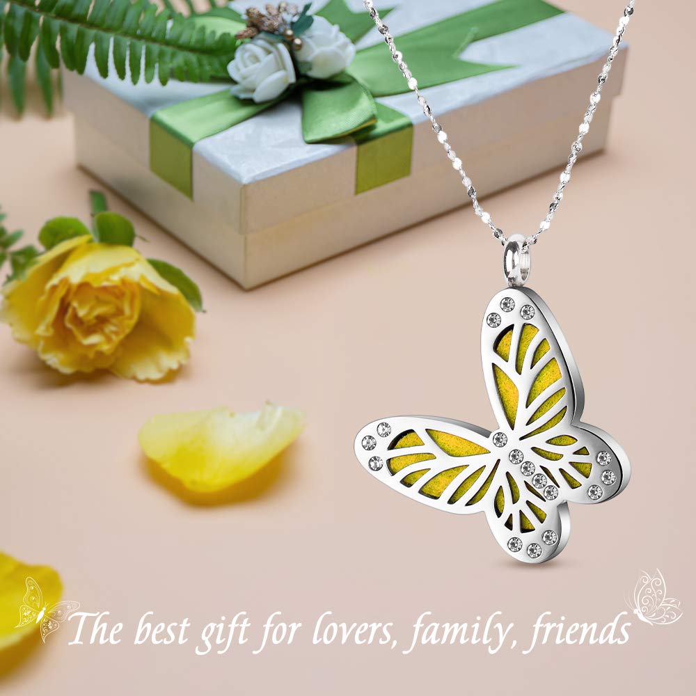 Maromalife Essential Oil Diffuser Necklace Butterfly Zircon Stainless Steel Aromatherapy Pendant Locket with Adjustable Chain and 10 PCS Felt Pads Mothers Day Christmas Birthday Gift for Women