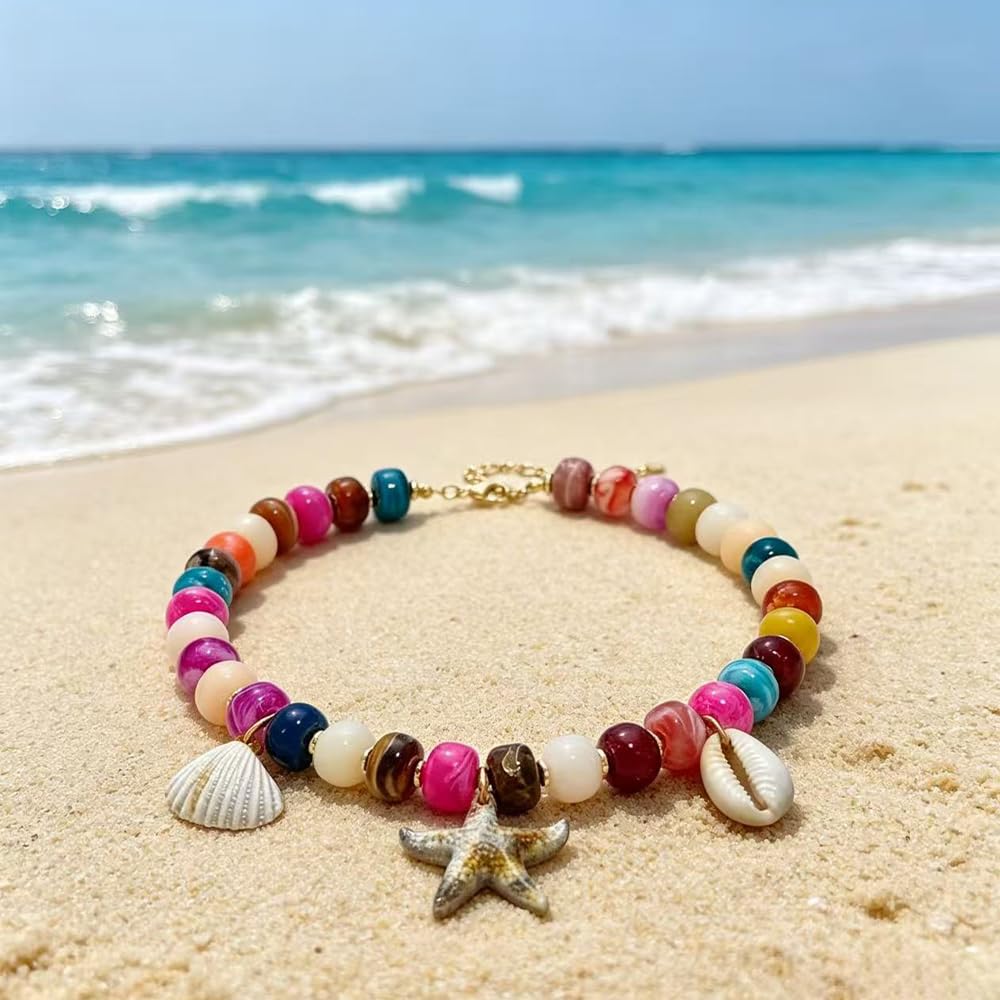 ROYNRAU Chunky Colorful Beaded Necklace for Women-Unique Resin Beads Starfish Shell Charms Pendant Choker Necklaces Boho Statement Summer Vacation Beach Jewelry (Starfish)