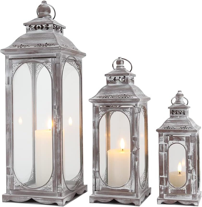 TRIROCKS Set of 3 Vintage Candle Lanterns 10/14/19.5''H Decorative Outdoor Lantern Metal Candle Holder with Tempered Glass for Home Living Room Garden Yard Parties Event Indoors Outdoors (Cement Grey)