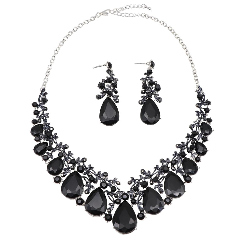 Qlavoca Vintage Crystal Teardrop Necklace Earrings Set - Gothic Statement Jewelry for Wedding Bridal Prom Party (Black Silver-Tone)