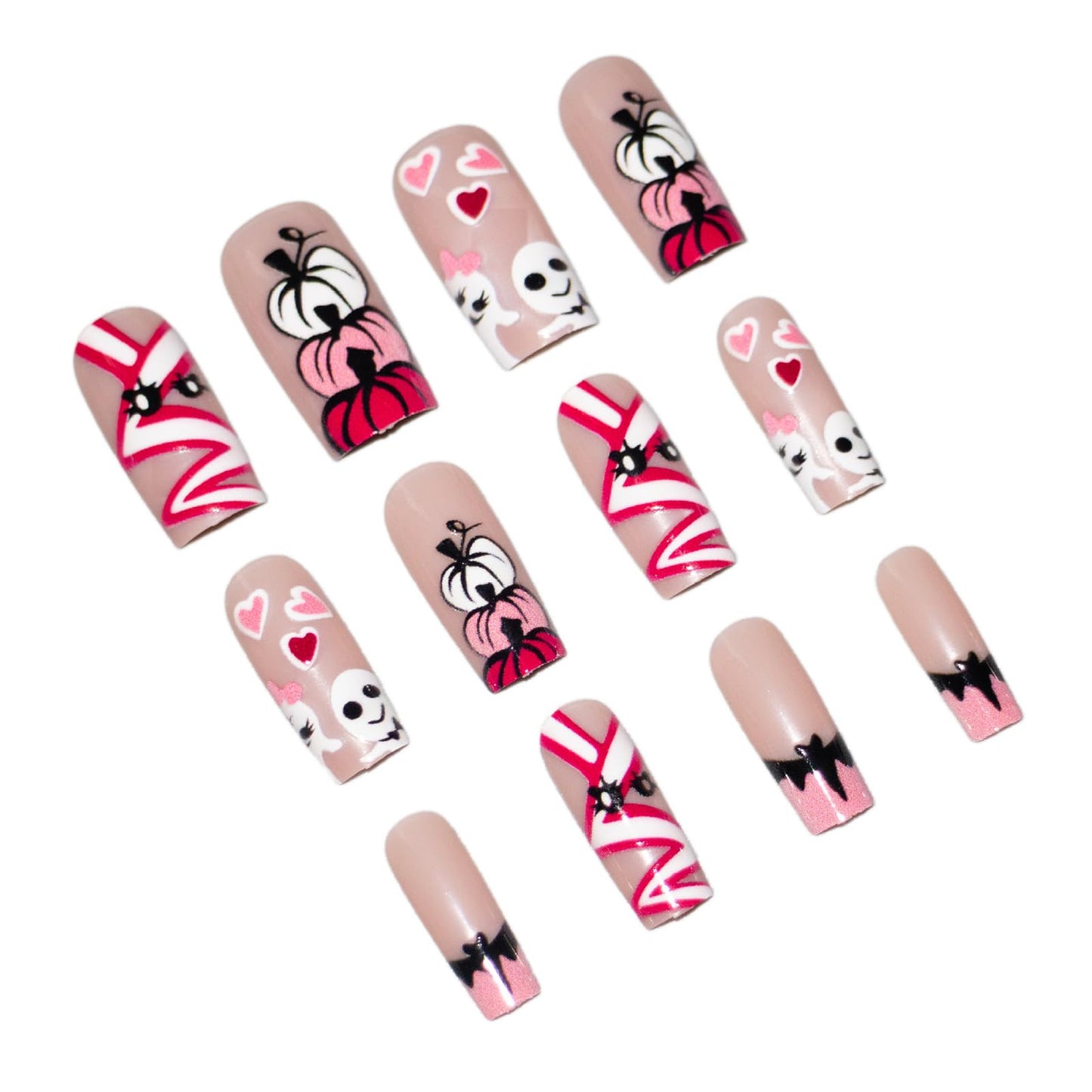 24Pcs Halloween Press on Nails Long Square Fake Nails Cute Ghost Pumpkin Bat Designs Halloween Glue on Nails Glossy Pink False Nails Full Cover French Tip Stick on Nail for Women Manicure Decor