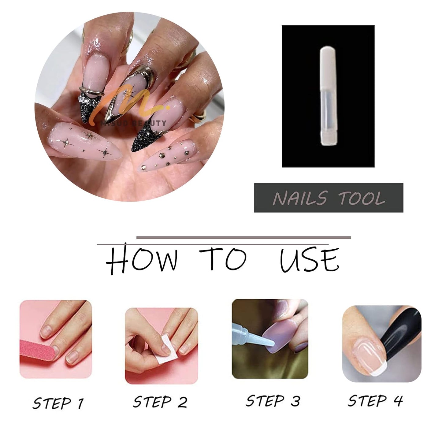 MISUD Press on Nails - Long Stiletto Fake Nails with Black French Tip, Acrylic Gold Chrome Star Design 24 pcs