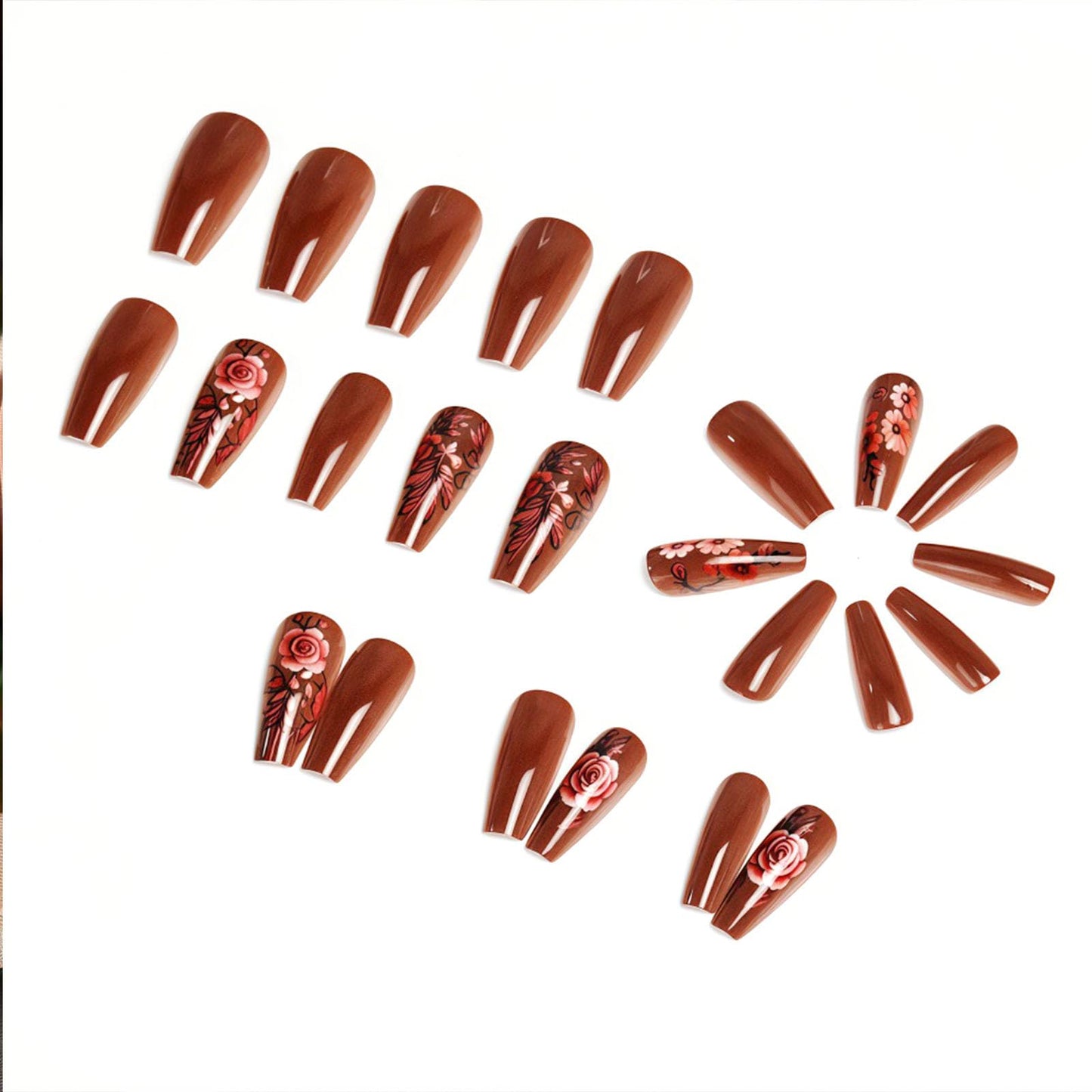 Fall Press on Nails Medium Coffin Fake Nails with Roses Designs Glossy Nails Press ons Dark Brown Full Cover Glue on Nails Autumn Acrylic Artificial Stick on Nails for Women 24Pcs