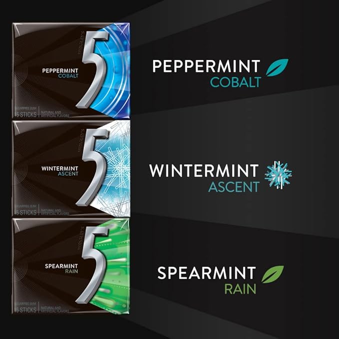 5 GUM Peppermint Cobalt, Spearmint Rain, Wintermint Ascent Sugar-Free Chewing Gum Variety Pack, 15 Packs, WRIGLEY'S 15 Stick