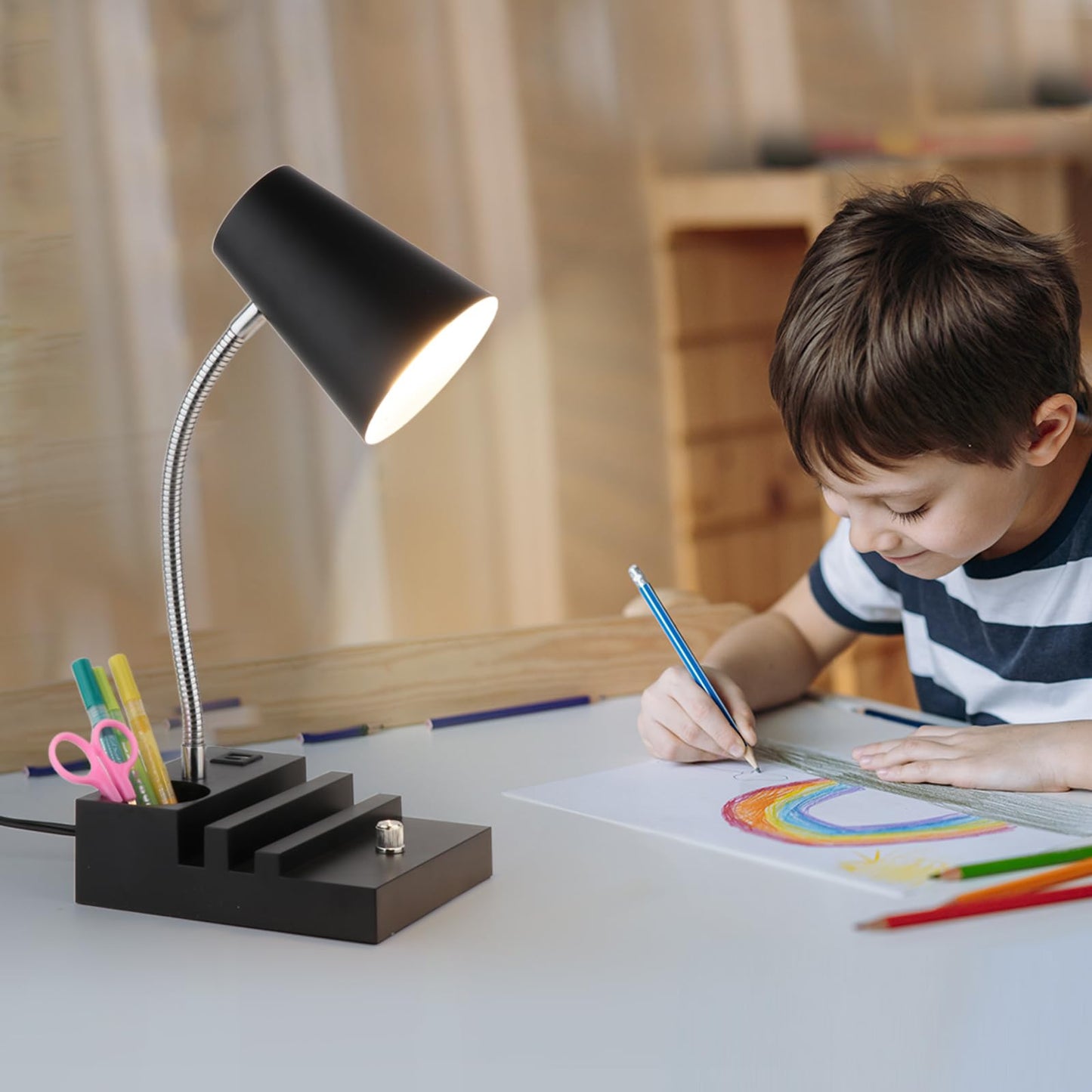 LALISU Study Desk Lamp with USB Charging and Type-C Night Light, Gooseneck LED Table Lamp Stepless Dimming Study Table Lamp with Pen Holder for College Dorm Bedroom and Office (Black)