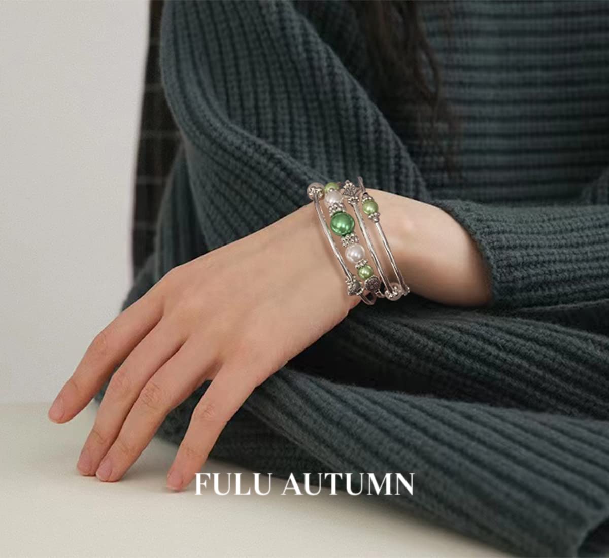 FULU AUTUMN Beaded Pearl Bangle Bracelets for Women Silver Wrap Bangles Bracelet Womens Costume Jewelry Fashion Gift(18-Green)
