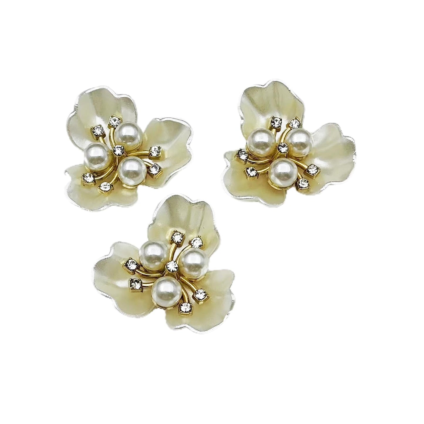 YOOGCORETT 10pcs Pearl Rhinestone Flat Back Embellishments Sew On Buttons Flower Buttons for DIY Craft, Bags Shoes Dress Decoration, 28 x 26mm, White